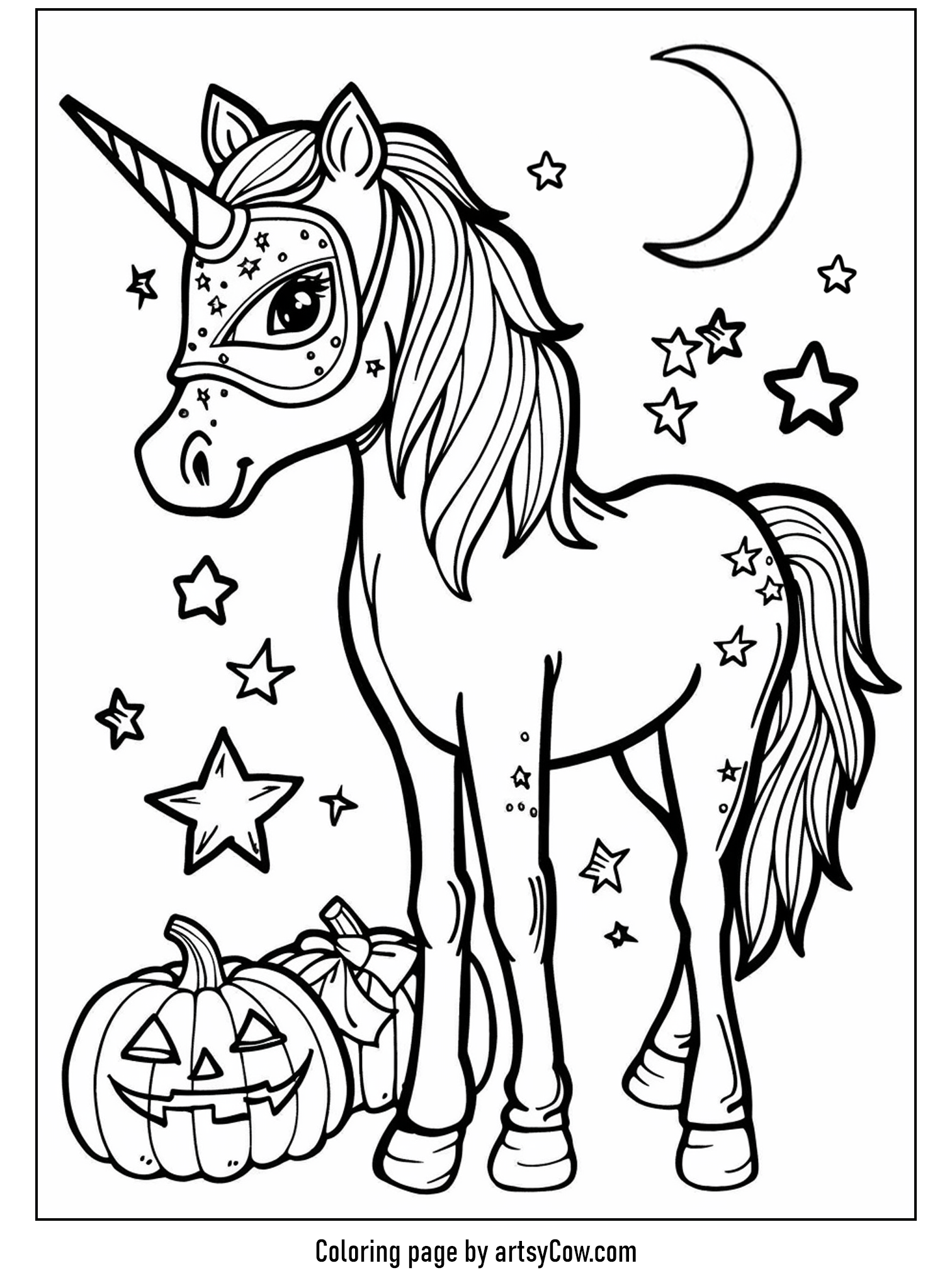 halloween coloring pages with unicorn. A unicorn wearing a Halloween mask is depicted surrounded by moon and stars.